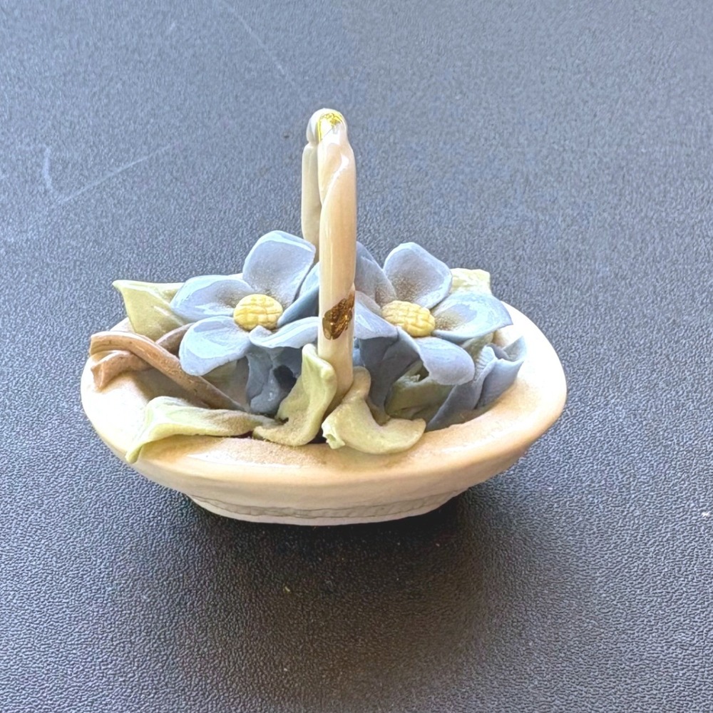 Queen Capodimonte Italy Porcelain Miniature Blue Floral Basket Gold Gilt Vintage